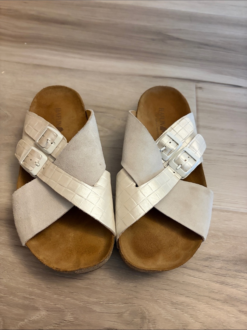 Haflinger Beige Crisscross Slide Sandals with Buckles